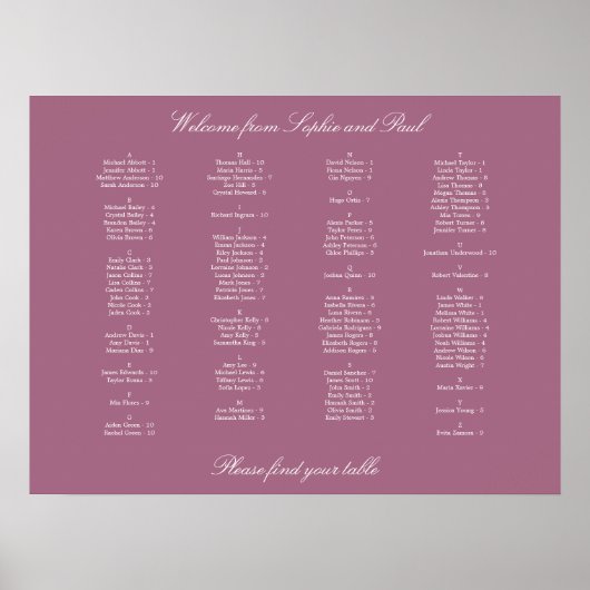 Affiche de plan de table alphabétique mauve (Devant)