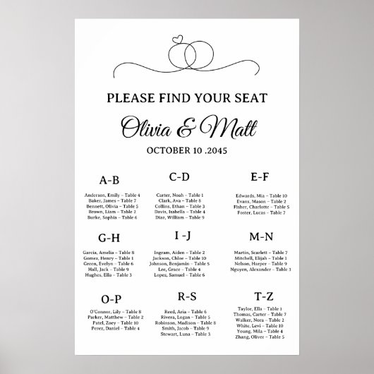 Affiche de plan de table alphabétique pour mariage (Devant)