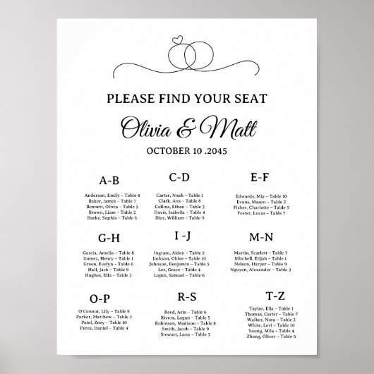 Affiche de plan de table alphabétique pour mariage (Devant)
