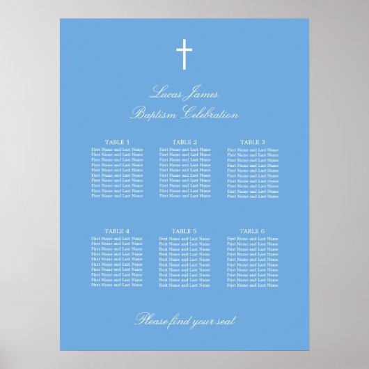 Affiche de plan de table de baptême bleu élégant 6 (Devant)