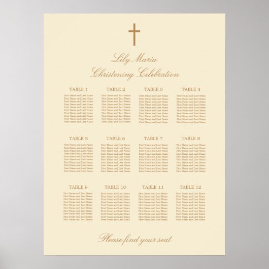 Affiche de plan de table de baptême crème 12 table (Devant)
