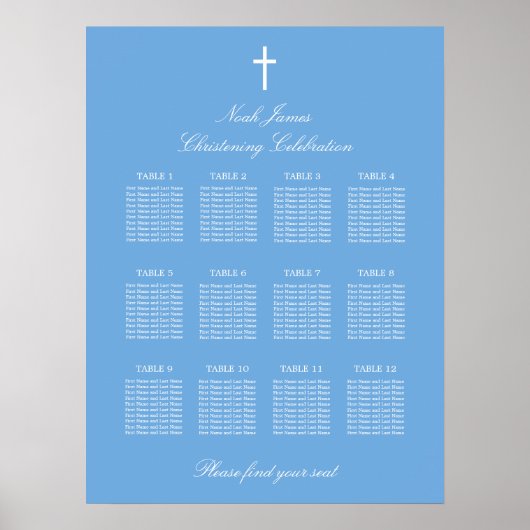 Affiche de plan de table de baptême de la table 12 (Devant)
