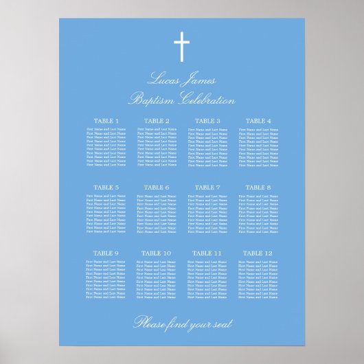 Affiche de plan de table de baptême élégante bleue (Devant)