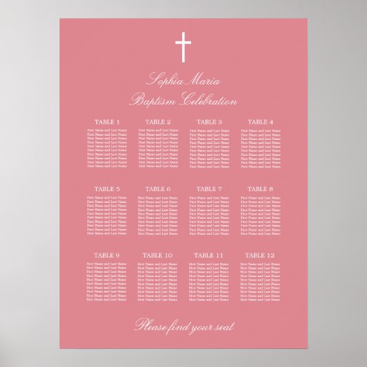 Affiche de plan de table de baptême Rose Pâle 12 T (Devant)