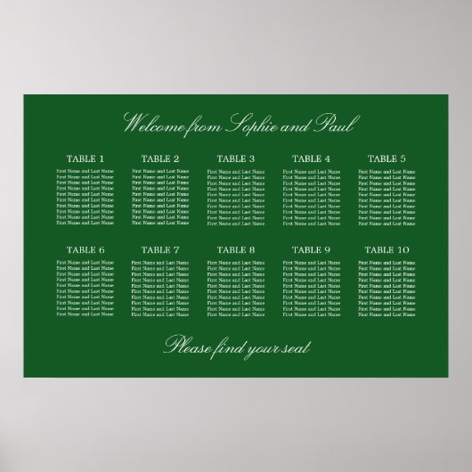 Affiche de plan de table de mariage à 10 tables ve (Devant)