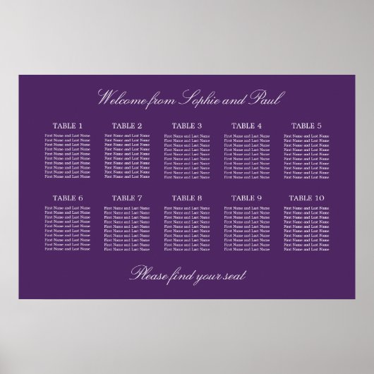 Affiche de plan de table de mariage à 10 tables Vi (Devant)