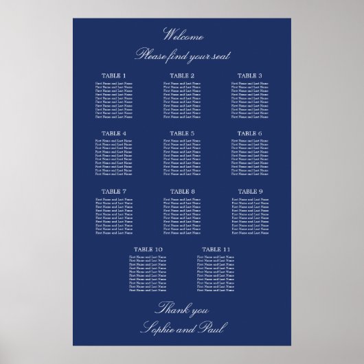 Affiche de plan de table de mariage à 11 tables Bl (Devant)