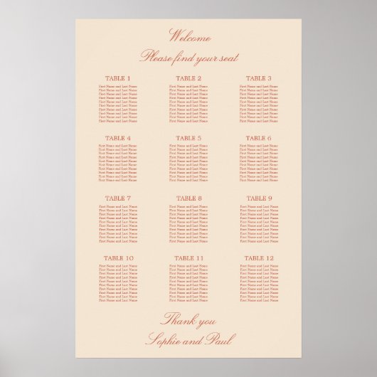 Affiche de plan de table de mariage à 12 tables en (Devant)