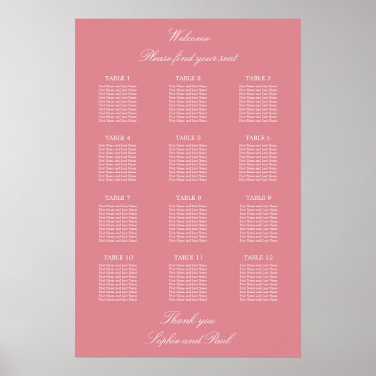 Affiche de plan de table de mariage à 12 tables Ro (Devant)