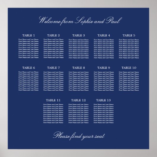Affiche de plan de table de mariage à 13 tables Bl (Devant)