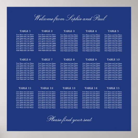 Affiche de plan de table de mariage à 15 tables bl (Devant)
