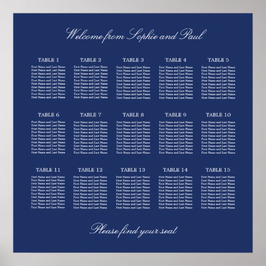 Affiche de plan de table de mariage à 15 tables Bl (Devant)