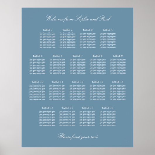 Affiche de plan de table de mariage à 18 tables Bl (Devant)