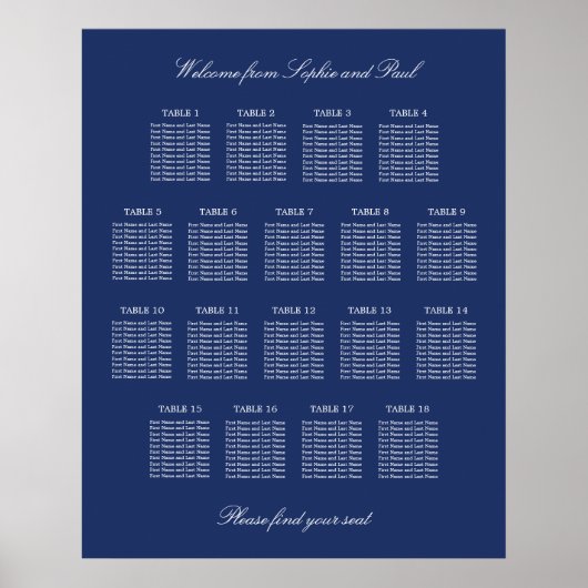 Affiche de plan de table de mariage à 18 tables Bl (Devant)