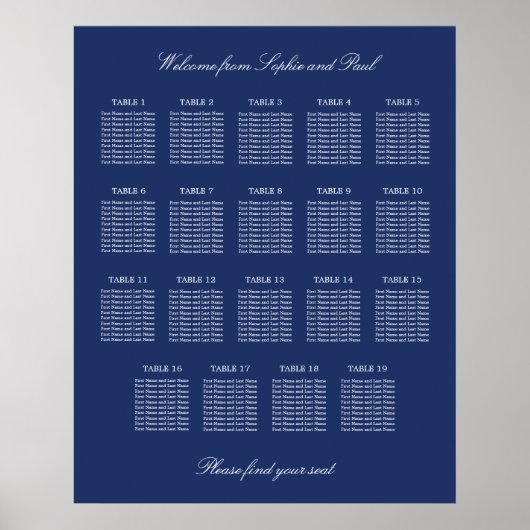 Affiche de plan de table de mariage à 19 tables Bl (Devant)