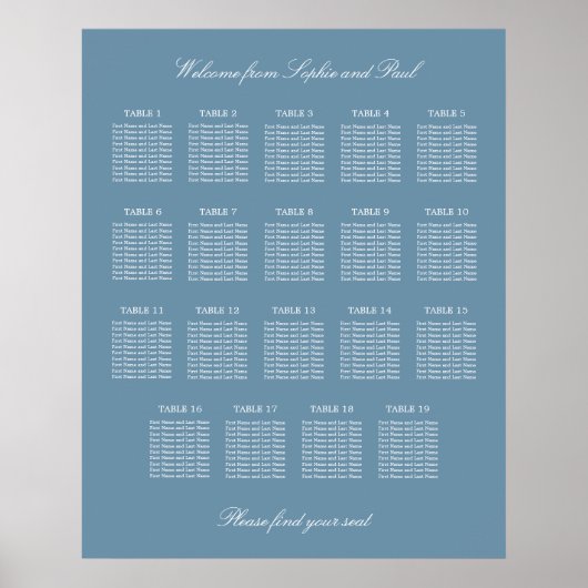 Affiche de plan de table de mariage à 19 tables Bl (Devant)