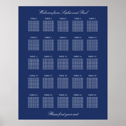 Affiche de plan de table de mariage à 25 tables Bl (Devant)