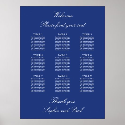 Affiche de plan de table de mariage à 9 tables ble (Devant)