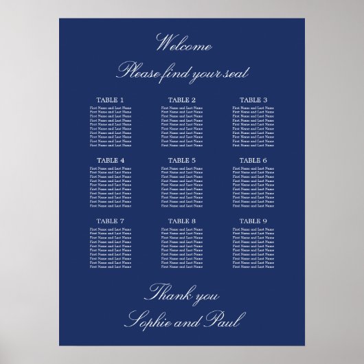 Affiche de plan de table de mariage à 9 tables Ble (Devant)