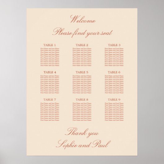 Affiche de plan de table de mariage à 9 tables en  (Devant)