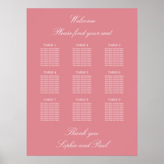 Affiche de plan de table de mariage à 9 tables Ros (Devant)