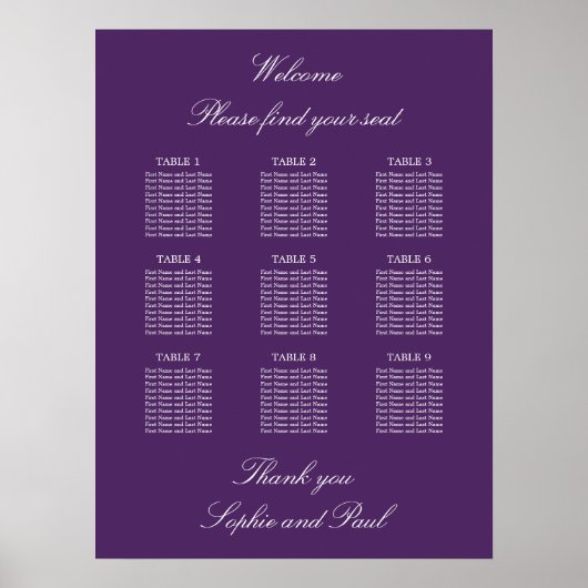 Affiche de plan de table de mariage à 9 tables Vio (Devant)