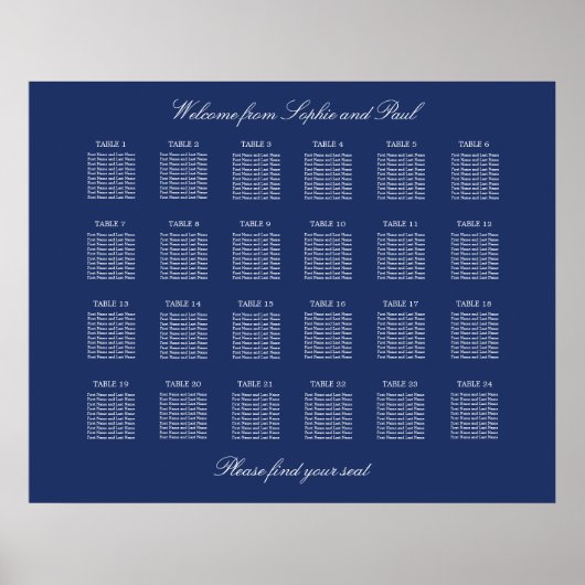 Affiche de plan de table de mariage bleu marine 24 (Devant)