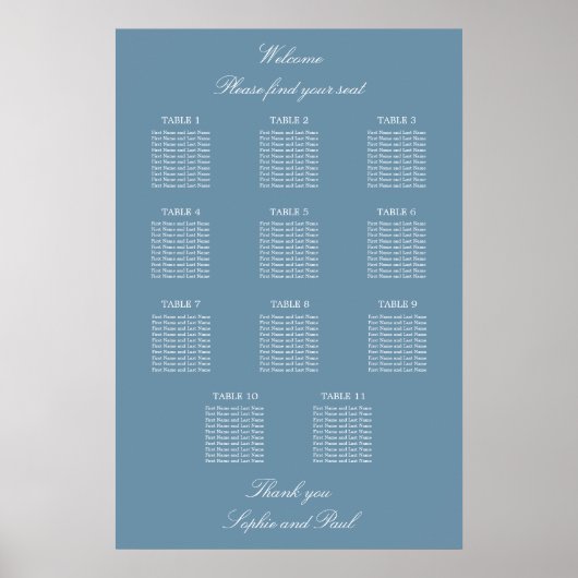 Affiche de plan de table de mariage bleu poussiére (Devant)