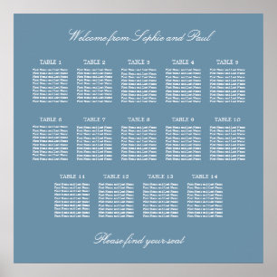 Affiche de plan de table de mariage bleu poussiére
