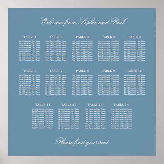 Affiche de plan de table de mariage bleu poussiére (Devant)