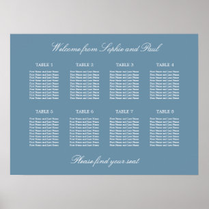 Affiche de plan de table de mariage bleu poussiére