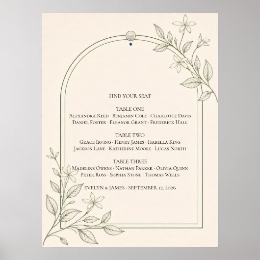 Affiche de plan de table de mariage botanique Oliv (Devant)