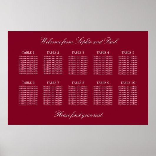 Affiche de plan de table de mariage Burgundy 10 (Devant)