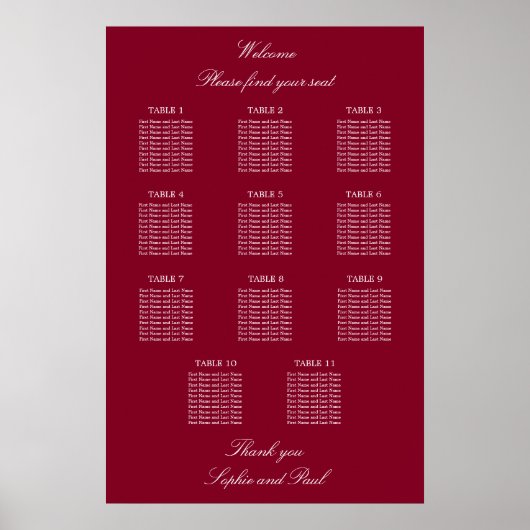 Affiche de plan de table de mariage Burgundy 11 (Devant)
