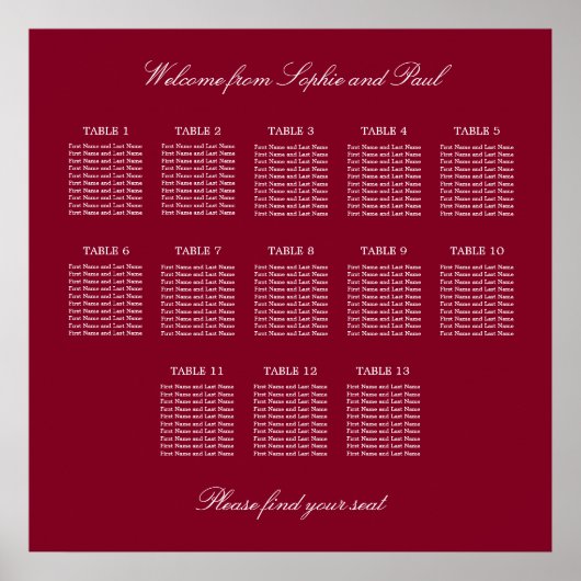 Affiche de plan de table de mariage Burgundy 13 (Devant)