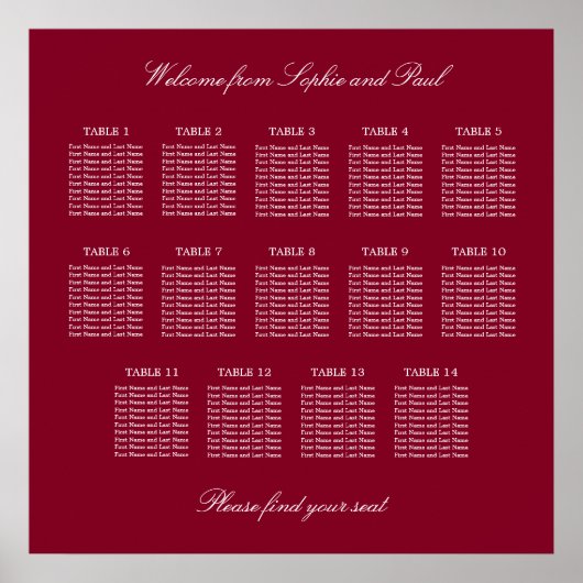 Affiche de plan de table de mariage burgundy 14 (Devant)