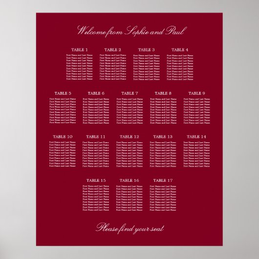 Affiche de plan de table de mariage Burgundy 17 (Devant)
