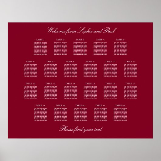 Affiche de plan de table de mariage Burgundy 22 (Devant)