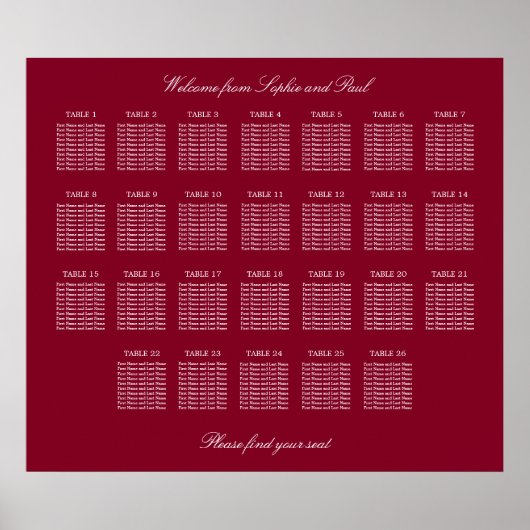 Affiche de plan de table de mariage Burgundy 26 (Devant)