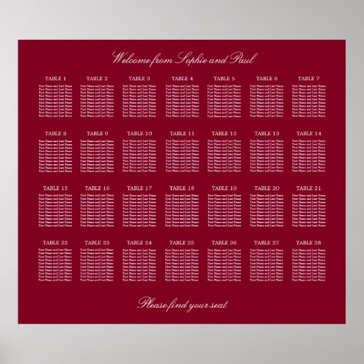 Affiche de plan de table de mariage Burgundy 28 (Devant)