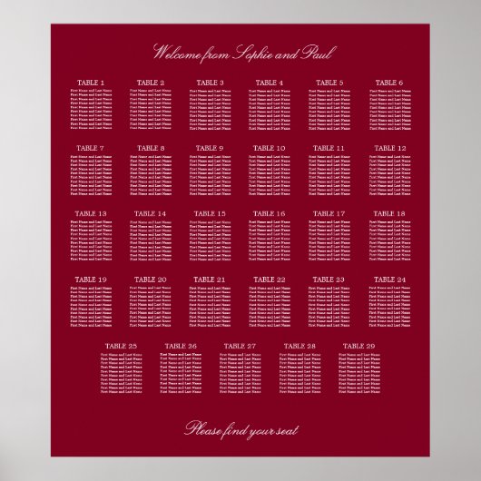 Affiche de plan de table de mariage Burgundy 29 (Devant)