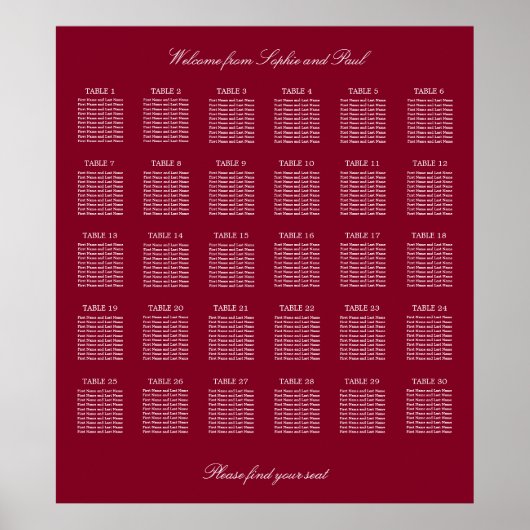 Affiche de plan de table de mariage Burgundy 30 (Devant)