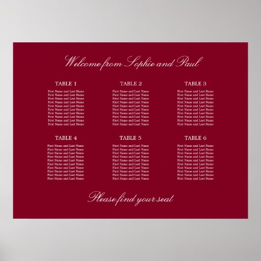 Affiche de plan de table de mariage Burgundy 6 (Devant)