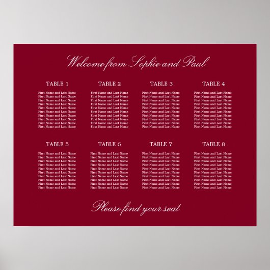 Affiche de plan de table de mariage Burgundy 8 (Devant)