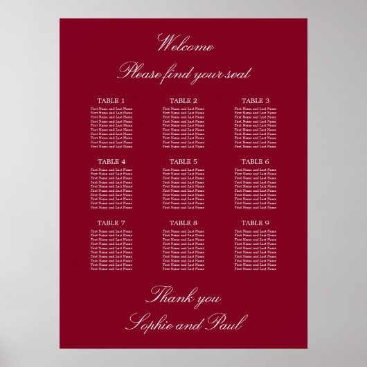 Affiche de plan de table de mariage Burgundy 9 (Devant)