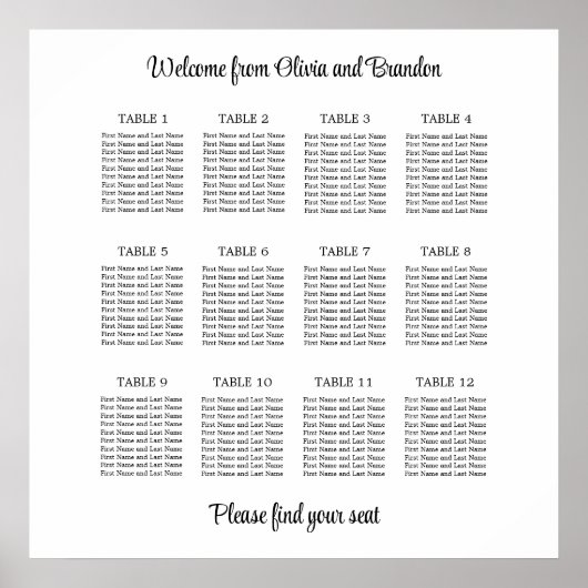 Affiche de plan de table de mariage élégant à 12 t (Devant)