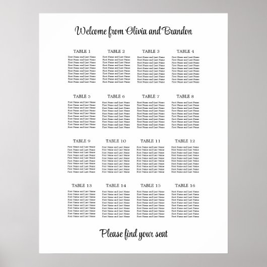 Affiche de plan de table de mariage élégant à 16 t (Devant)
