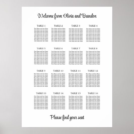 Affiche de plan de table de mariage élégant à 16 t (Devant)