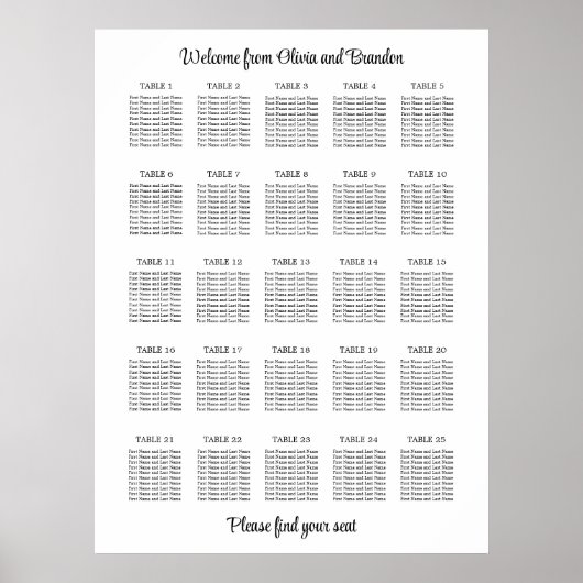 Affiche de plan de table de mariage élégant à 25 t (Devant)