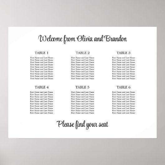 Affiche de plan de table de mariage élégant à 6 ta (Devant)